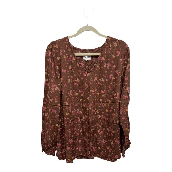 Candace Cameron Bure Tops - Candace Cameron Bure Long Sleeve V-Neck Brown Floral Fall Top XL Boho Cottage